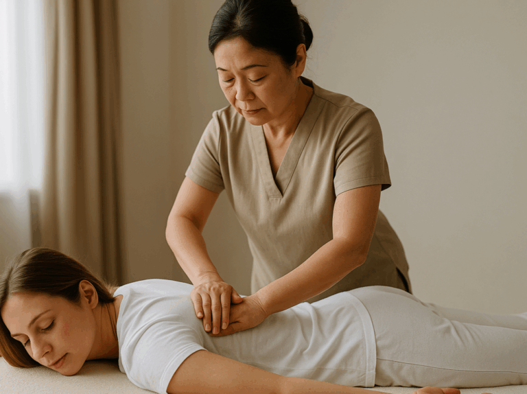 Therapist performing Tui Na massage on a client’s back.